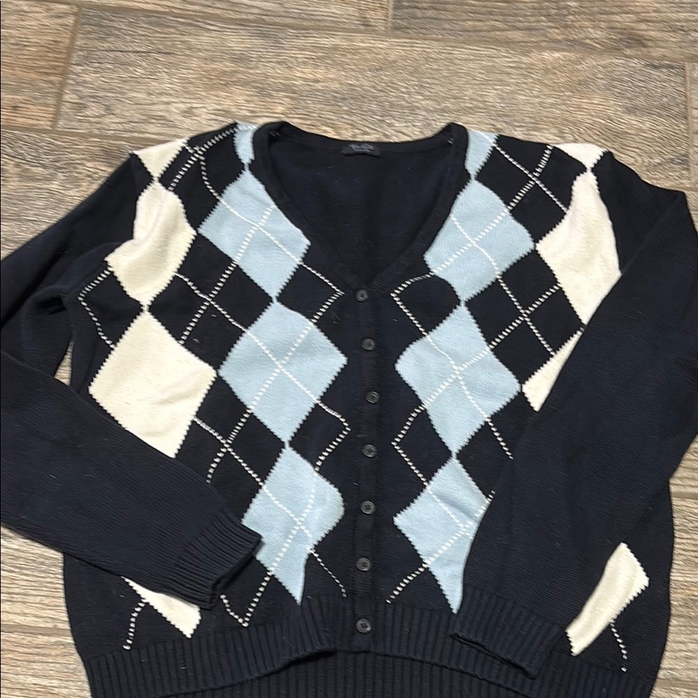 Argyle Cardigan Sweater in Black and Blue